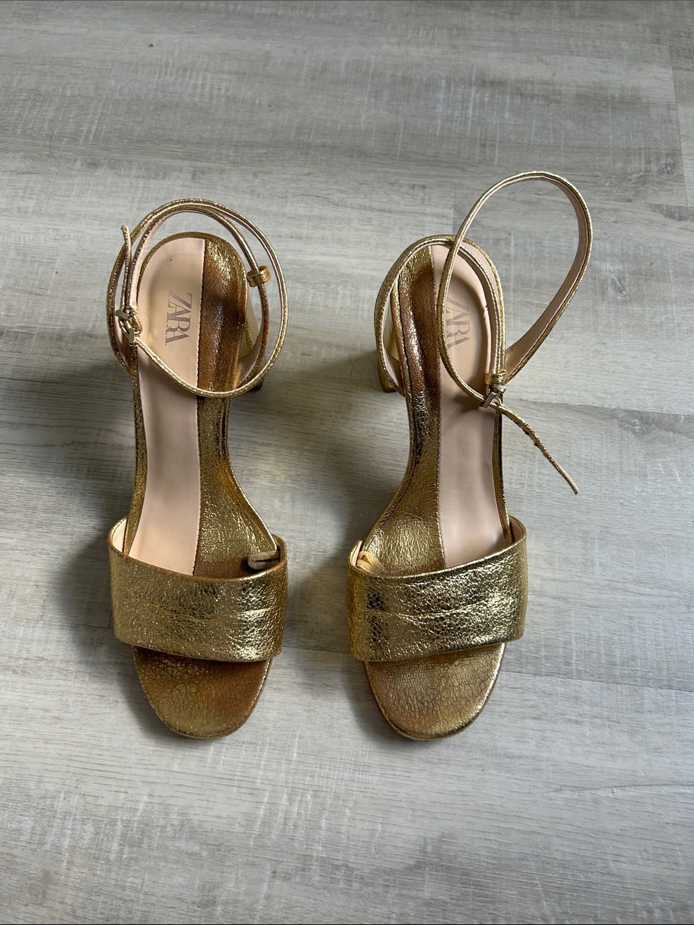 ZARA Metallic Gold Block Heel Sandals with Ankle Strap. Sz 37
